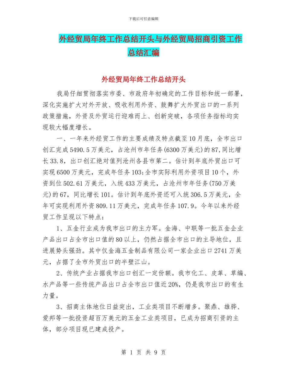 外经贸局年终工作总结开头与外经贸局招商引资工作总结汇编_第1页