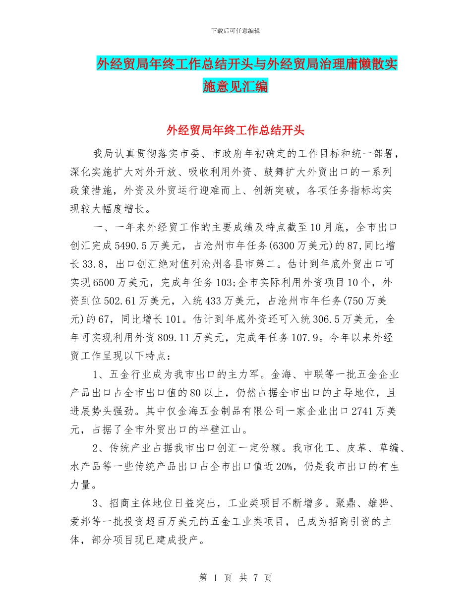 外经贸局年终工作总结开头与外经贸局治理庸懒散实施意见汇编_第1页