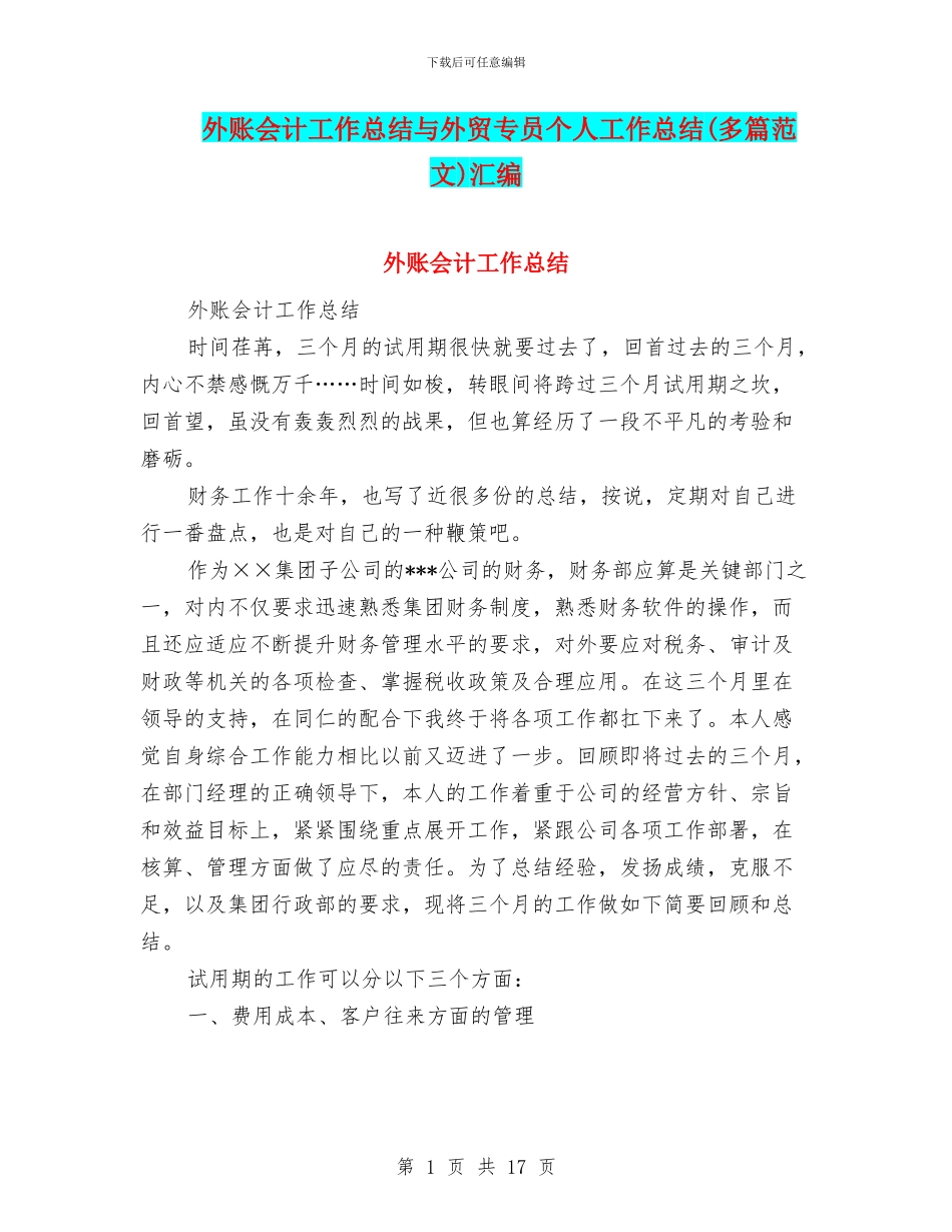 外账会计工作总结与外贸专员个人工作总结汇编_第1页