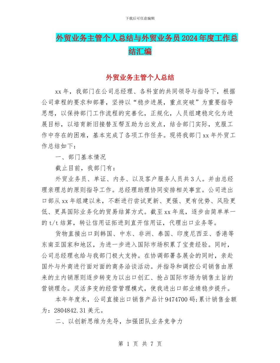 外贸业务主管个人总结与外贸业务员2024年度工作总结汇编_第1页