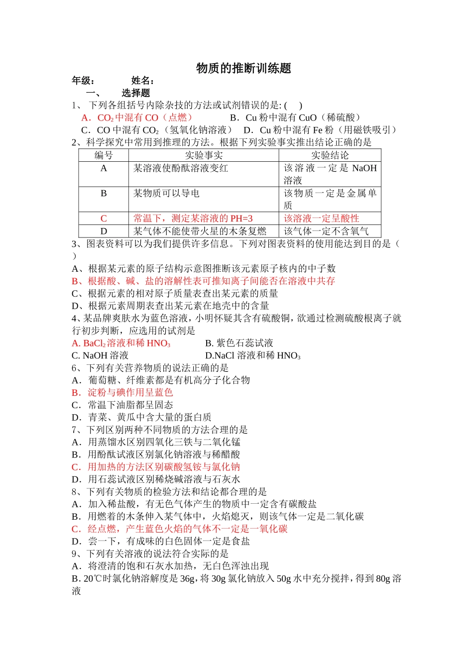 物质的推断训练题_第1页