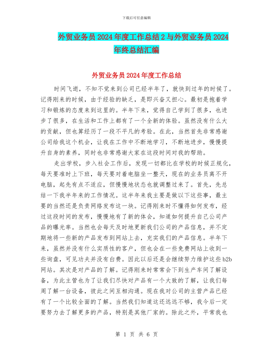 外贸业务员2024年度工作总结2与外贸业务员2024年终总结汇编_第1页