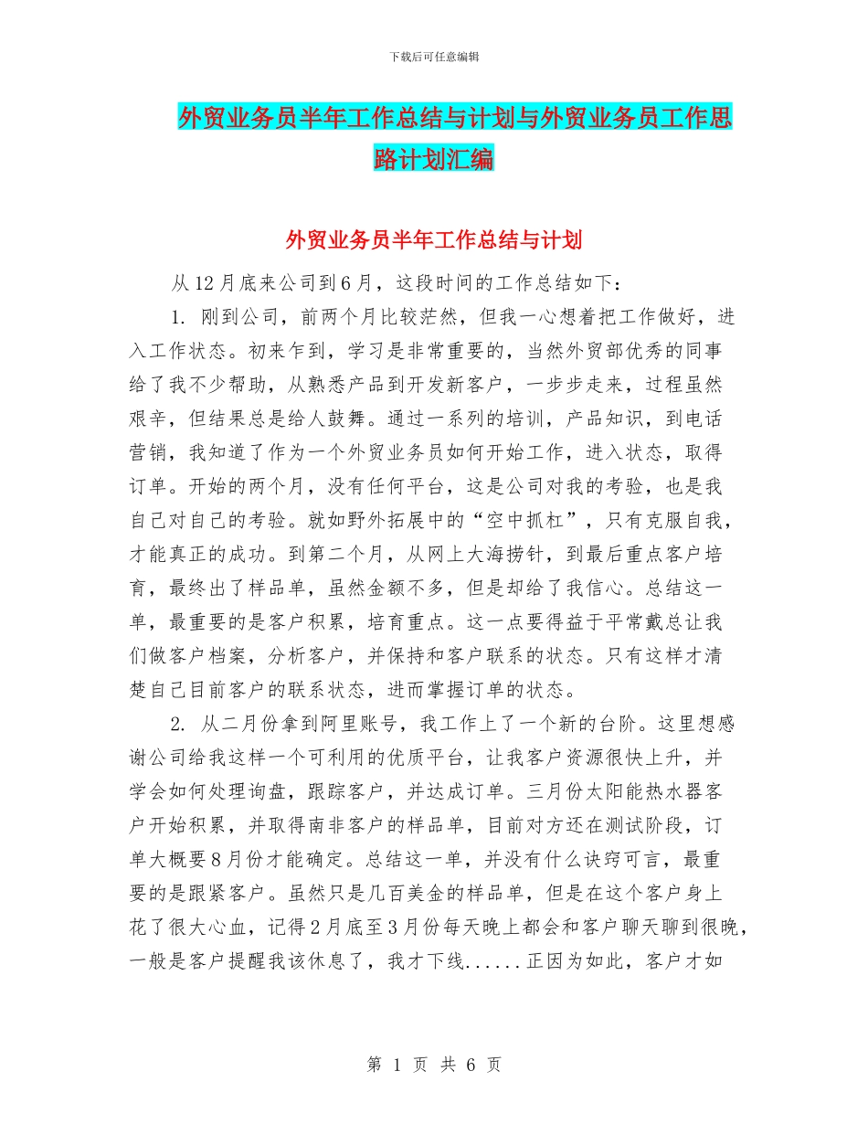 外贸业务员半年工作总结与计划与外贸业务员工作思路计划汇编_第1页