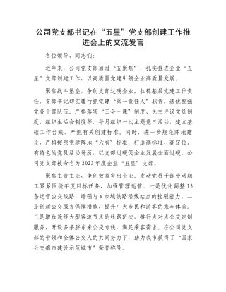 公司党支部书记在“五星”党支部创建工作推进会上的交流发言