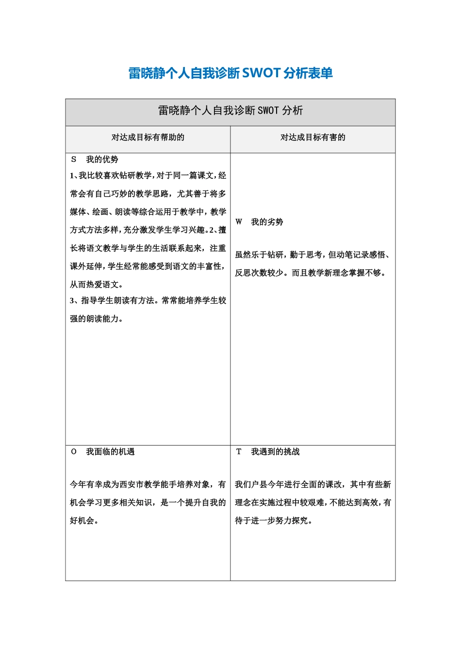 雷晓静个人自我诊断SWOT分析表_第1页