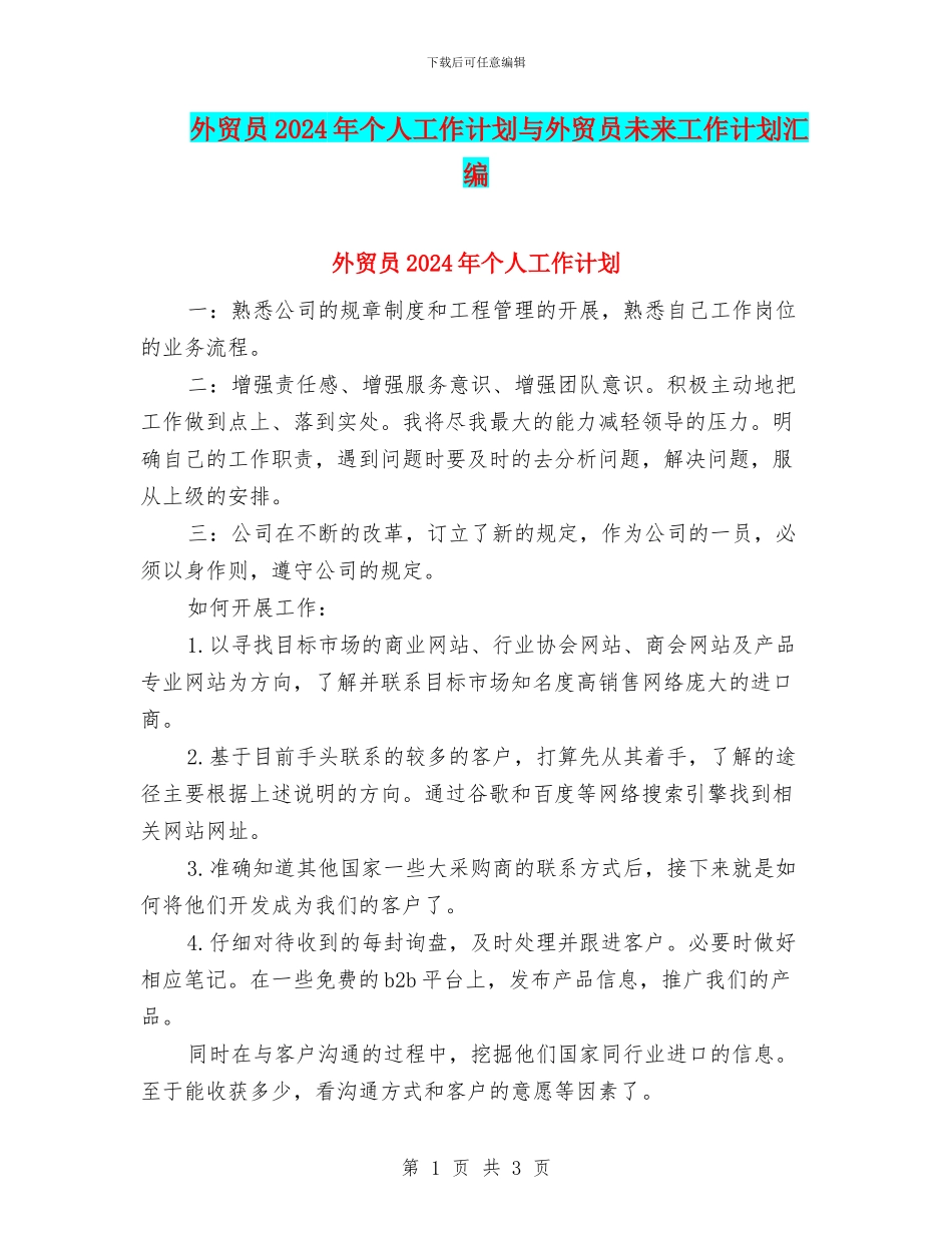 外贸员2024年个人工作计划与外贸员未来工作计划汇编_第1页