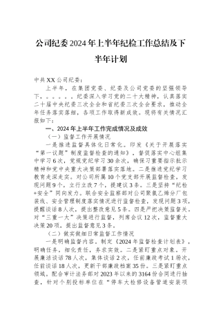 公司纪委2024年上半年纪检工作总结及下半年计划