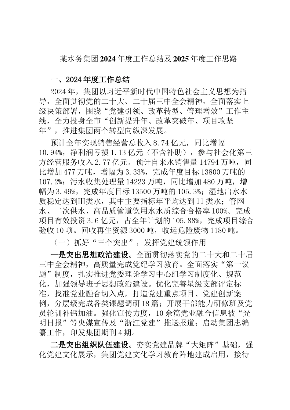 某水务集团2024年度工作总结及2025年度工作思路ding_第1页