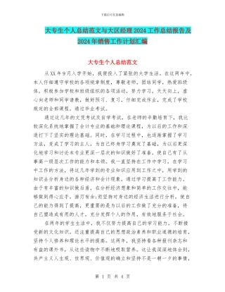 大专生个人总结范文与大区经理2024工作总结报告及2024年销售工作计划汇编