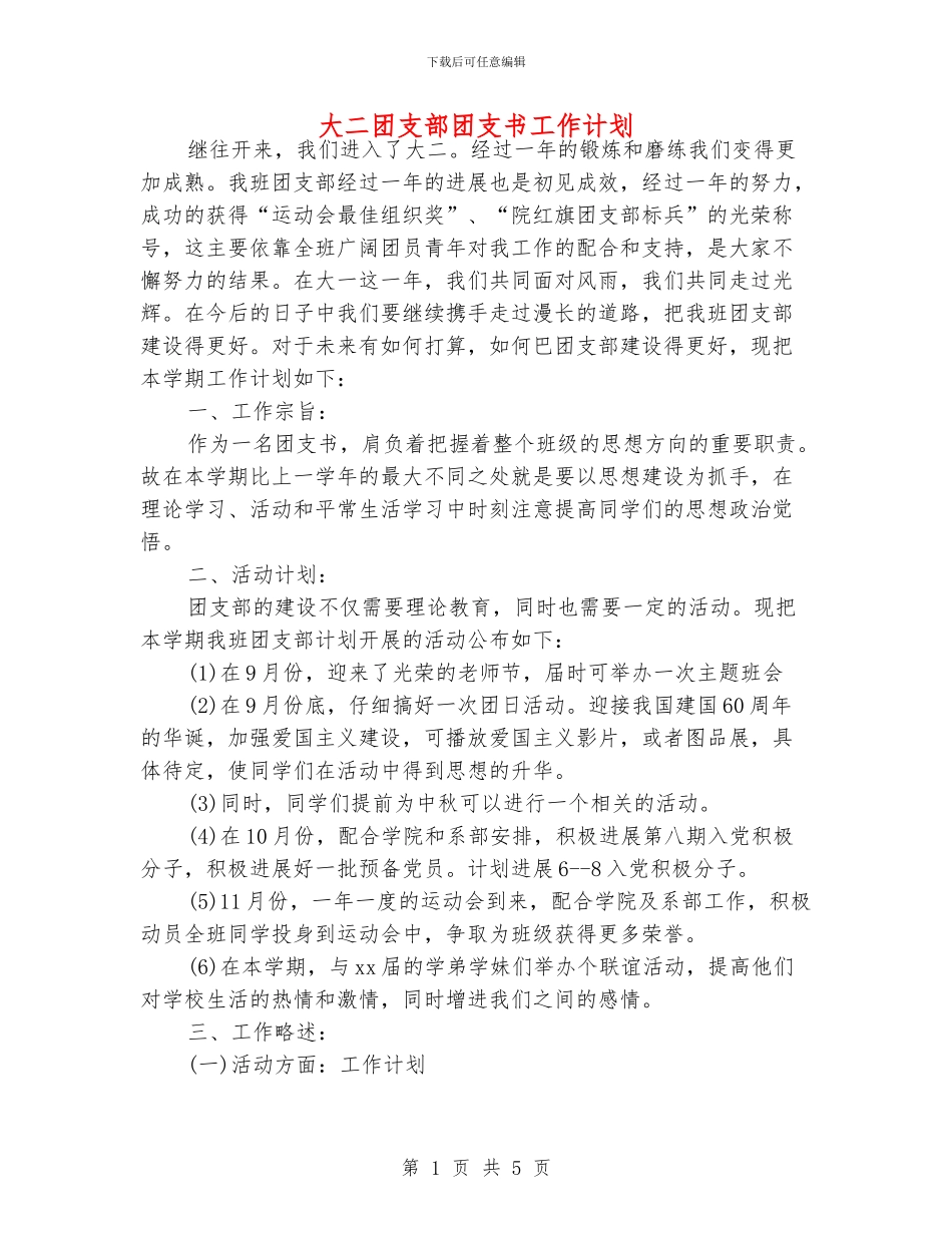 大二团支部团支书工作计划_第1页
