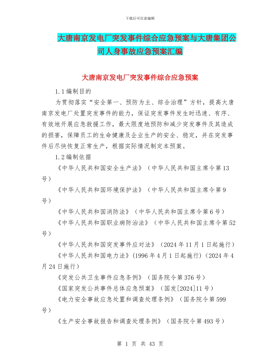 大唐南京发电厂突发事件综合应急预案与大唐集团公司人身事故应急预案汇编_第1页