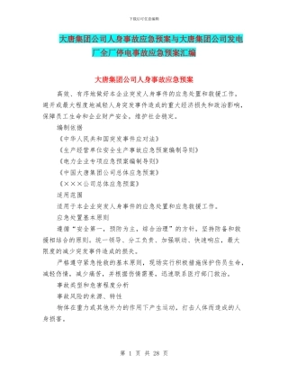 大唐集团公司人身事故应急预案与大唐集团公司发电厂全厂停电事故应急预案汇编