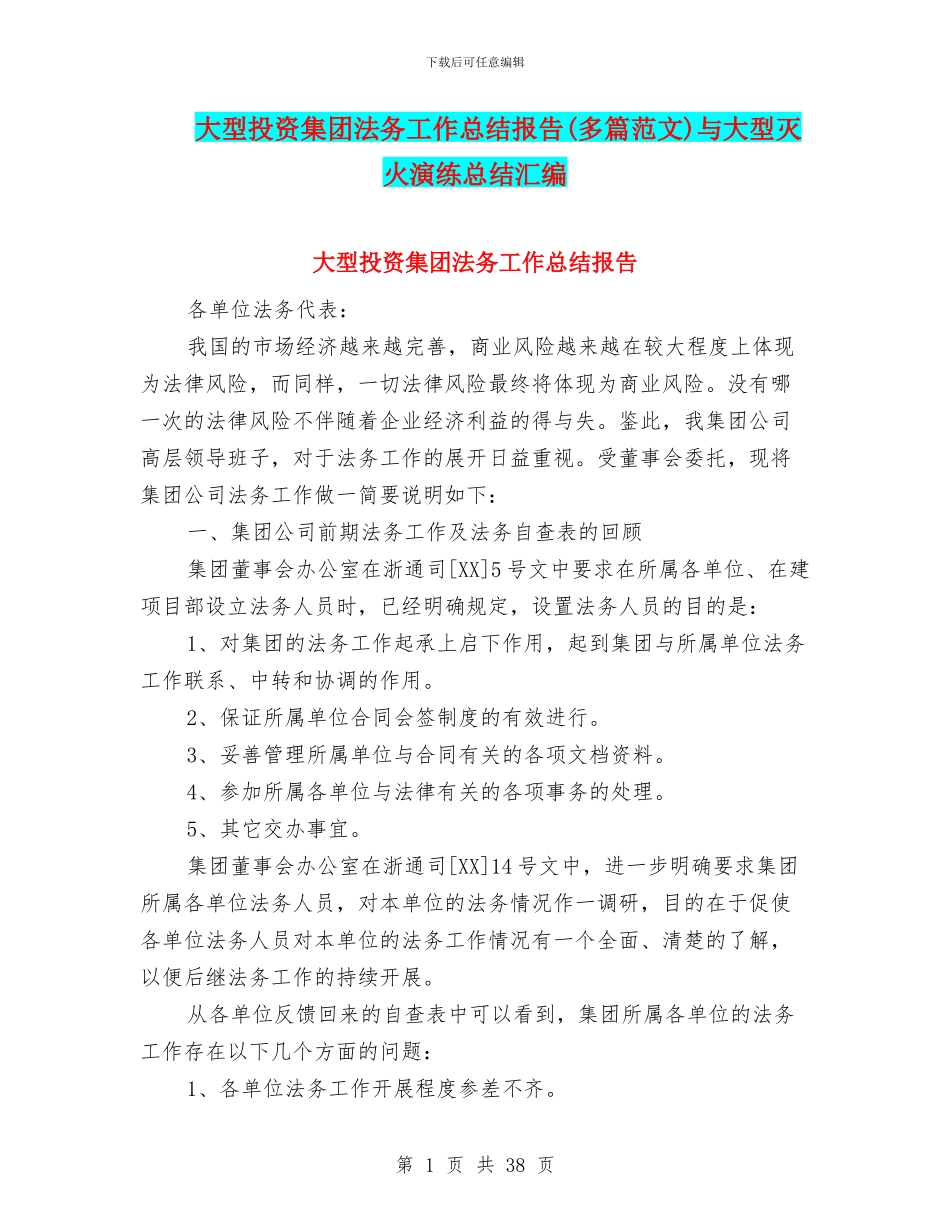 大型投资集团法务工作总结报告与大型灭火演练总结汇编_第1页