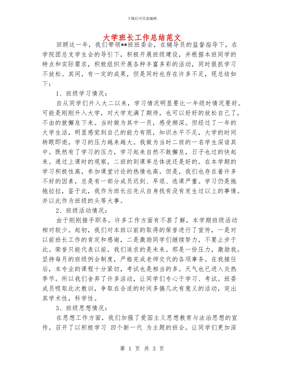 大学班长工作总结范文_第1页