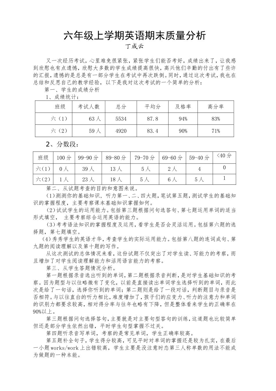 （精品）六年级上英语质量分析(丁成云）_第1页