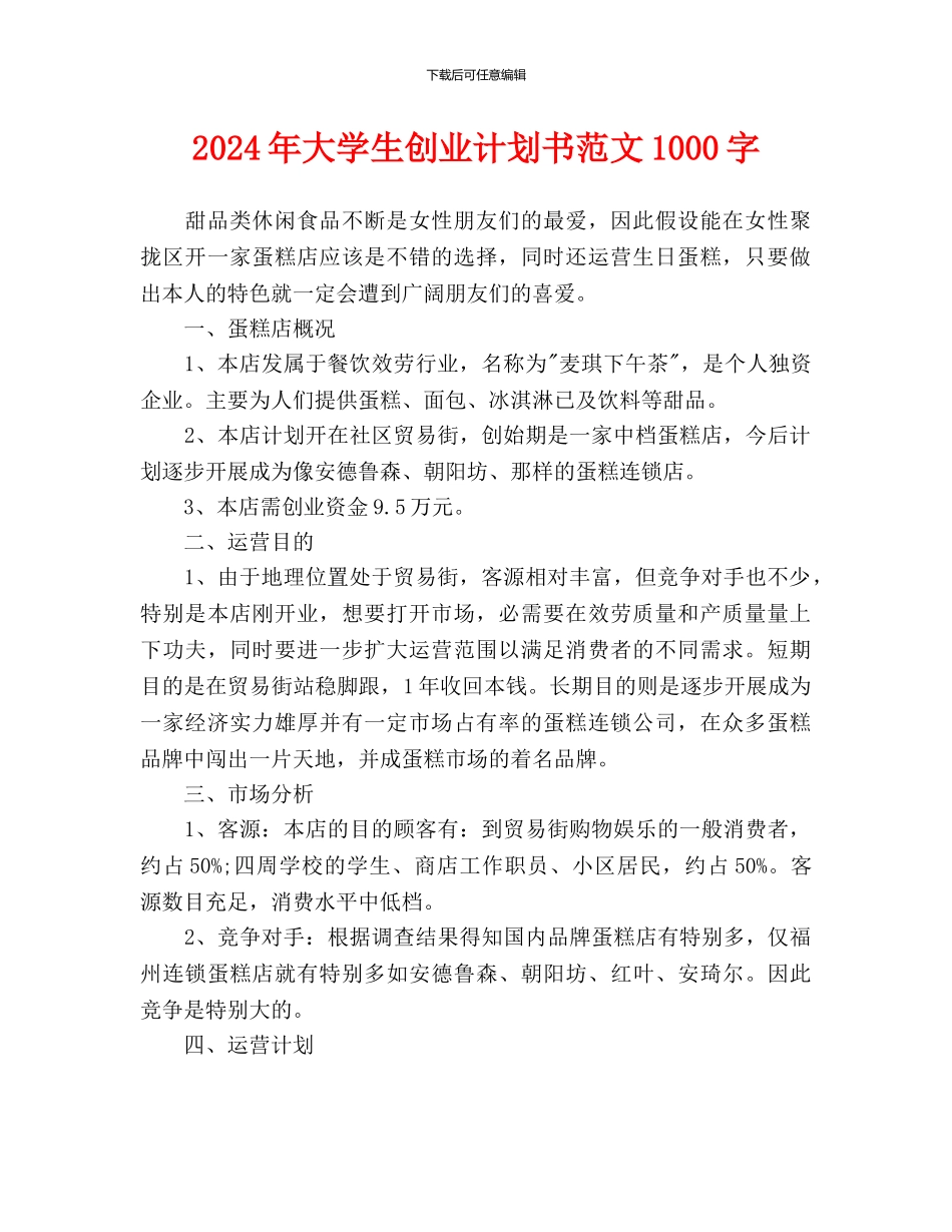大学生创业计划书范文1000字_第1页
