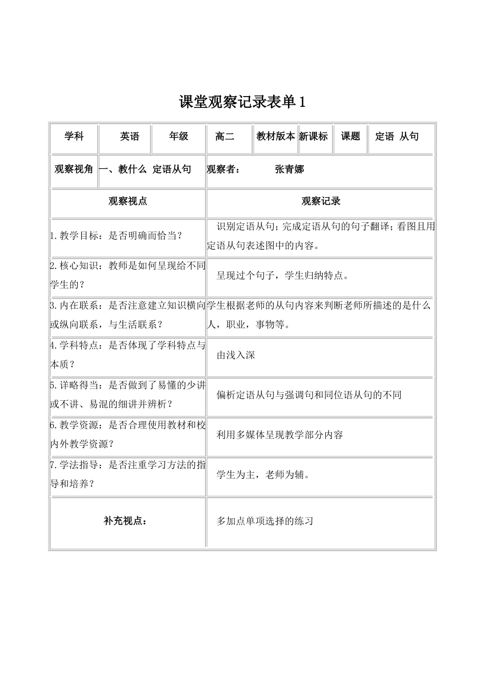 （精品）【学员】课堂观察记录表单_第1页