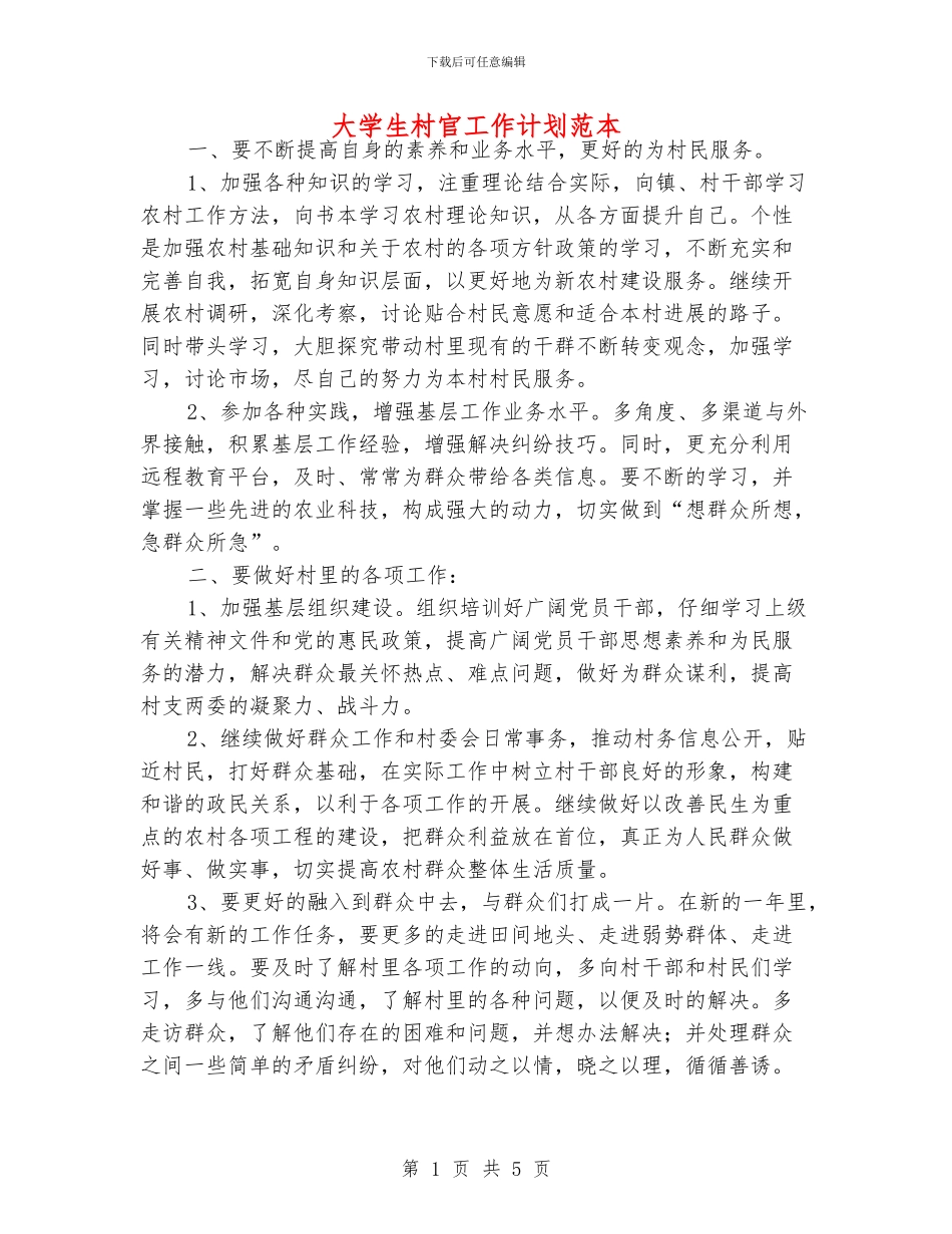 大学生村官工作计划范本_第1页