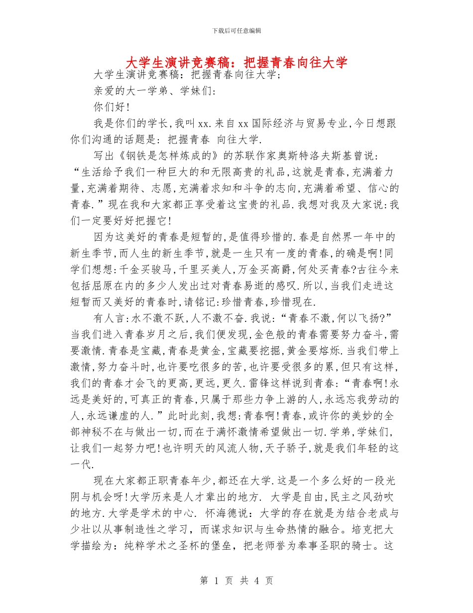大学生演讲比赛稿：把握青春憧憬大学_第1页