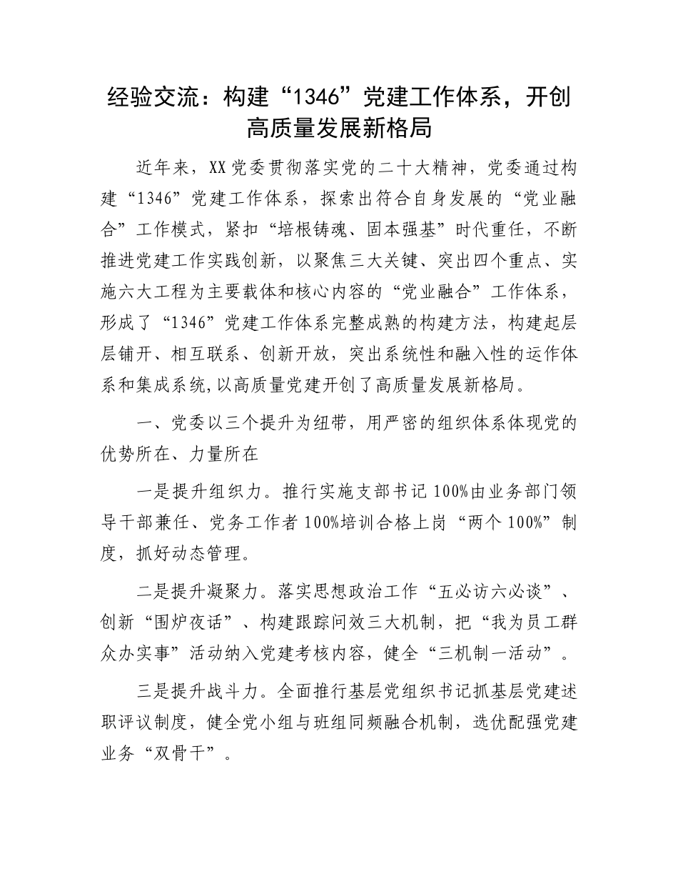 经验交流：构建“1346”党建工作体系，开创高质量发展新格局_第1页