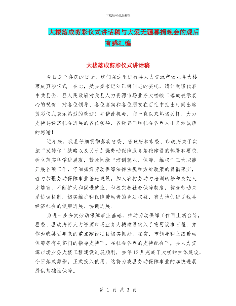 大楼落成剪彩仪式讲话稿与大爱无疆募捐晚会的观后有感汇编_第1页