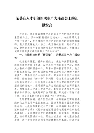 某县在人才引领新质生产力座谈会上的汇报发言