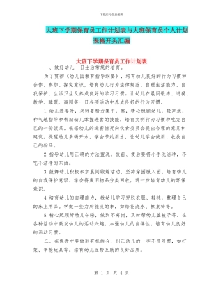 大班下学期保育员工作计划表与大班保育员个人计划表格开头汇编