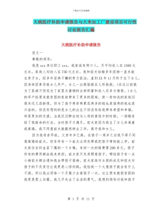 大病医疗补助申请报告与大米加工厂建设项目可行性研究报告汇编