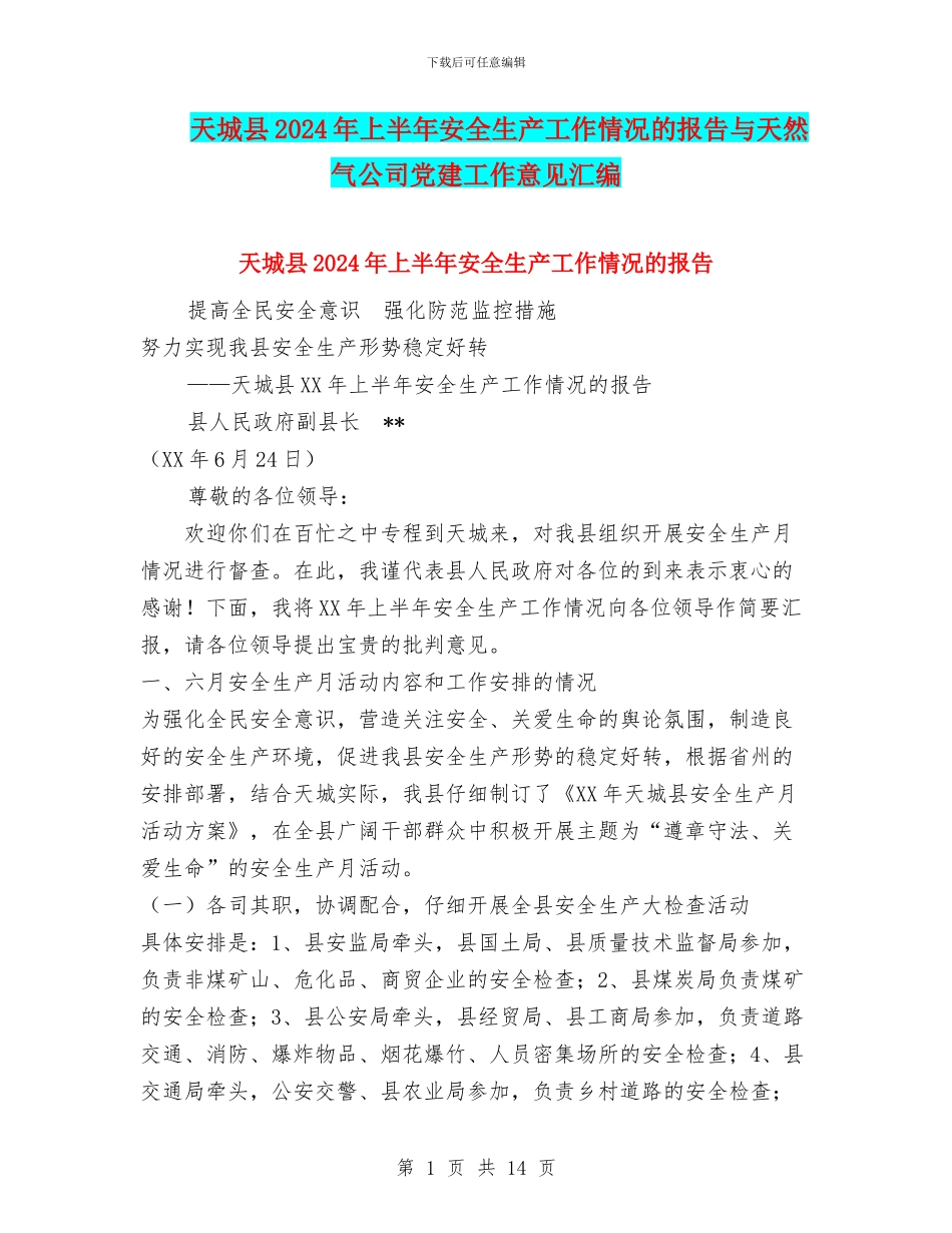 天城县2024年上半年安全生产工作情况的报告与天然气公司党建工作意见汇编_第1页