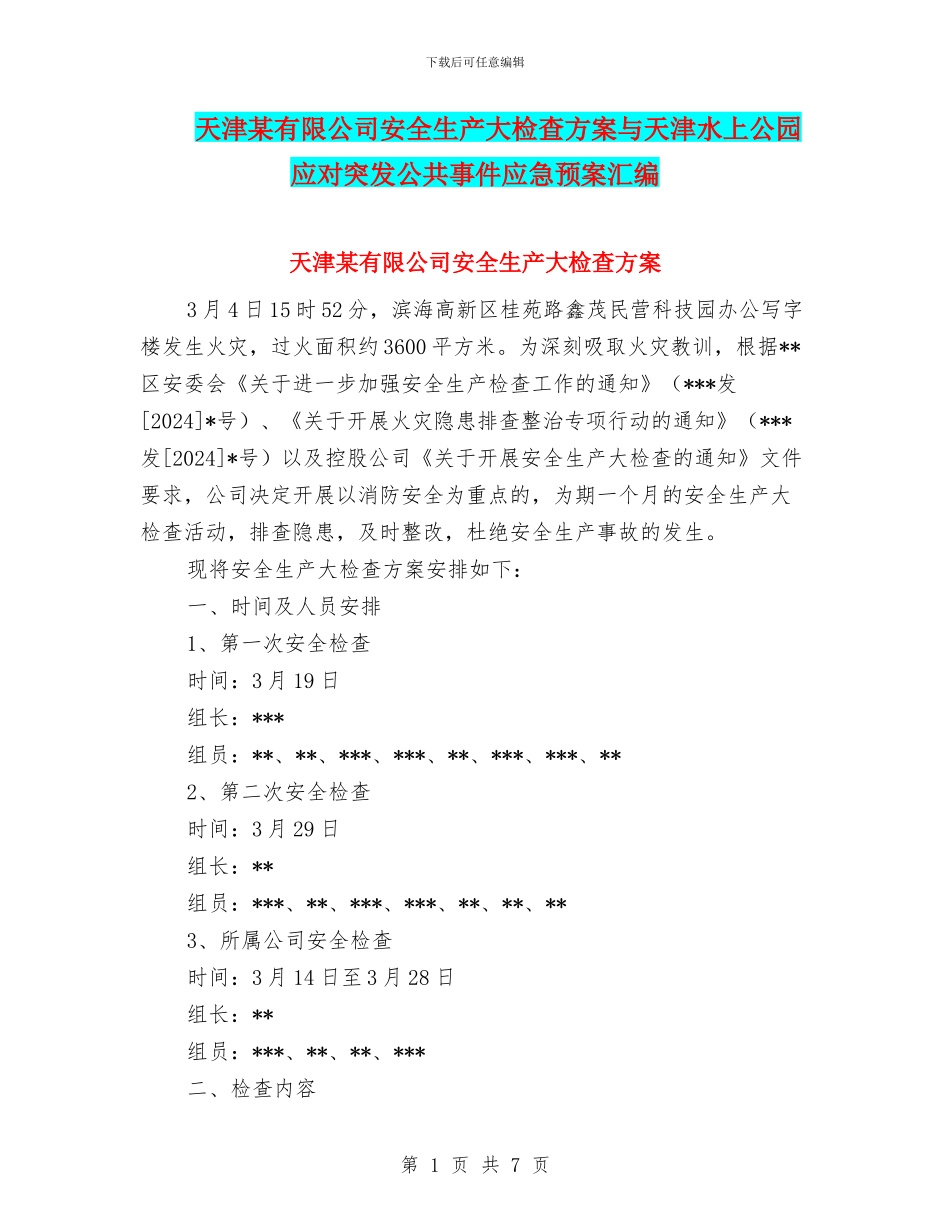 天津某有限公司安全生产大检查方案与天津水上公园应对突发公共事件应急预案汇编_第1页