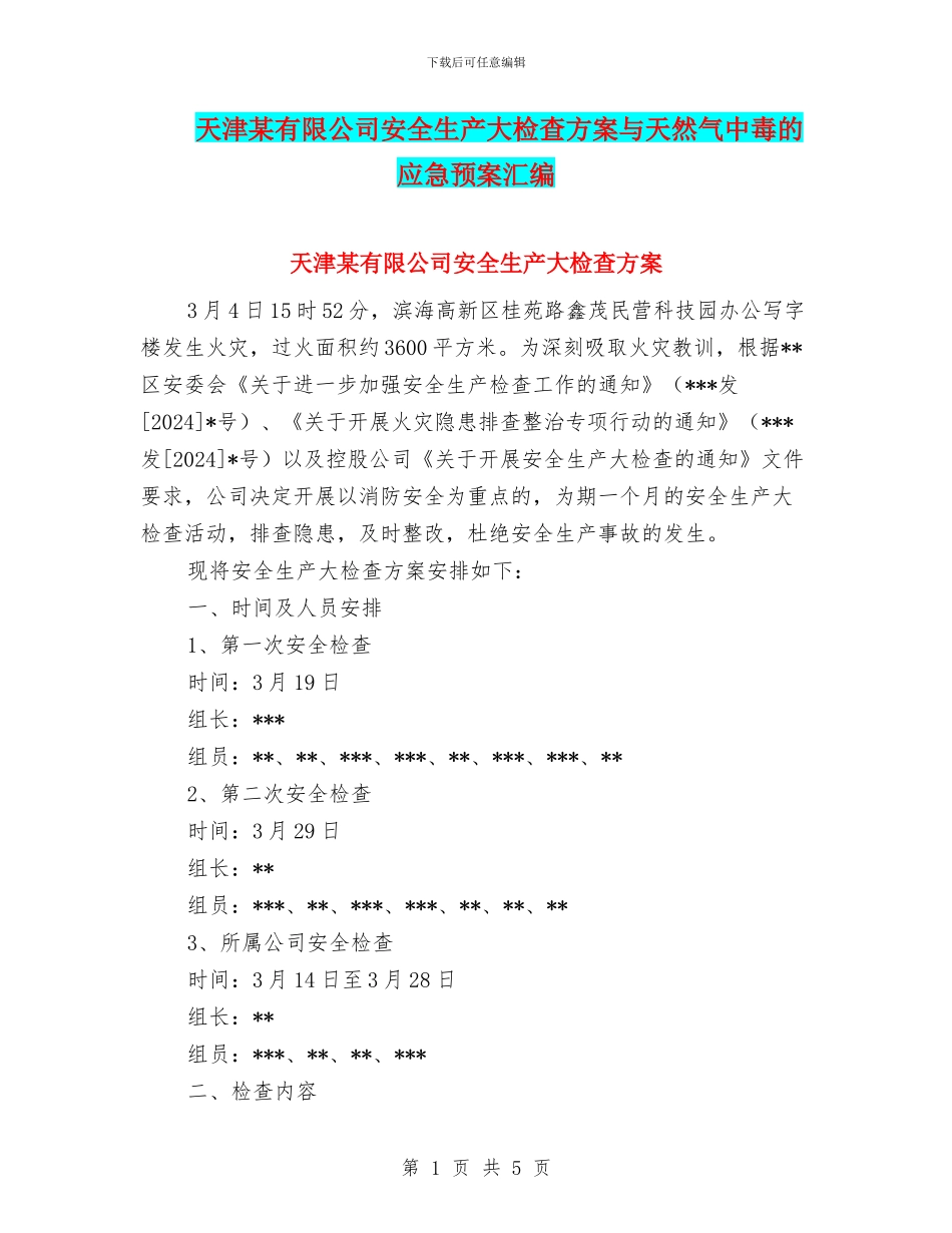 天津某有限公司安全生产大检查方案与天然气中毒的应急预案汇编_第1页
