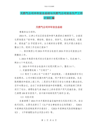 天然气公司半年安全总结与天然气公司安全生产工作计划汇编