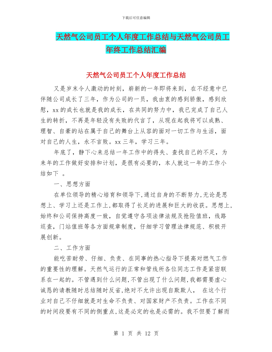 天然气公司员工个人年度工作总结与天然气公司员工年终工作总结汇编_第1页