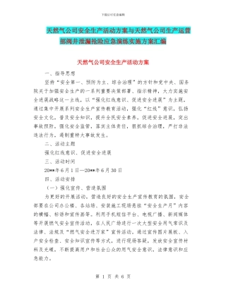 天然气公司安全生产活动方案与天然气公司生产运营部阀井泄漏抢险应急演练实施方案汇编