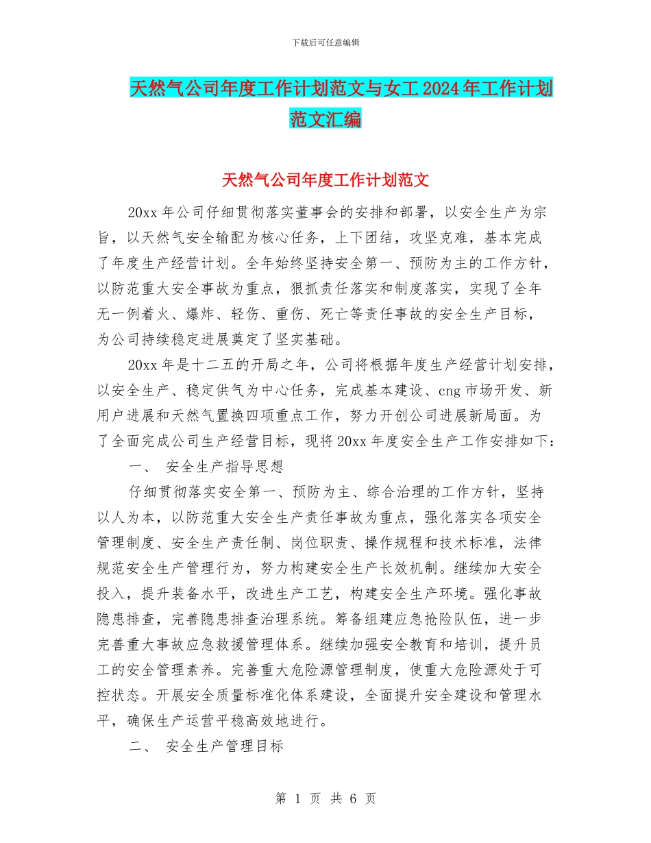 天然气公司年度工作计划范文与女工2024年工作计划范文汇编_第1页