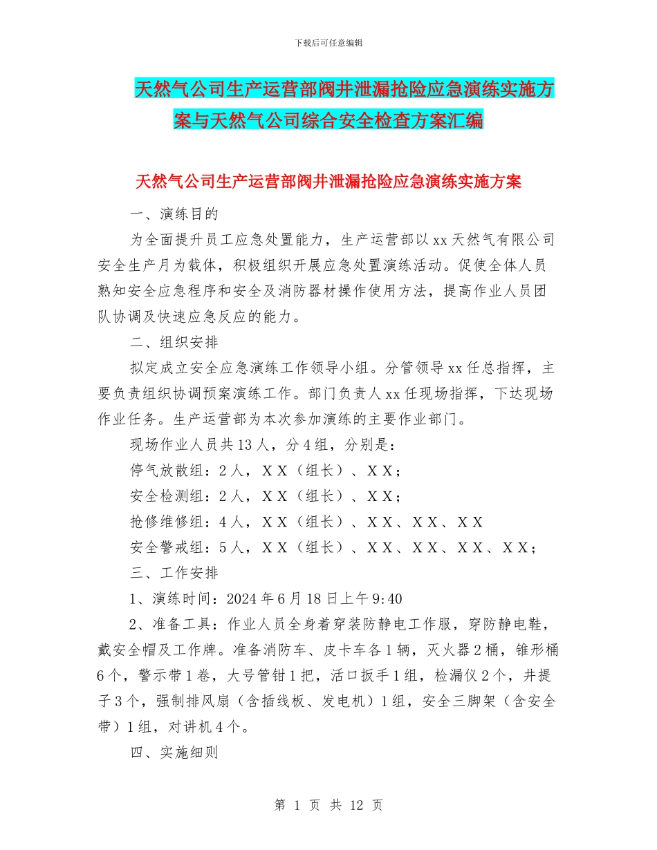 天然气公司生产运营部阀井泄漏抢险应急演练实施方案与天然气公司综合安全检查方案汇编_第1页
