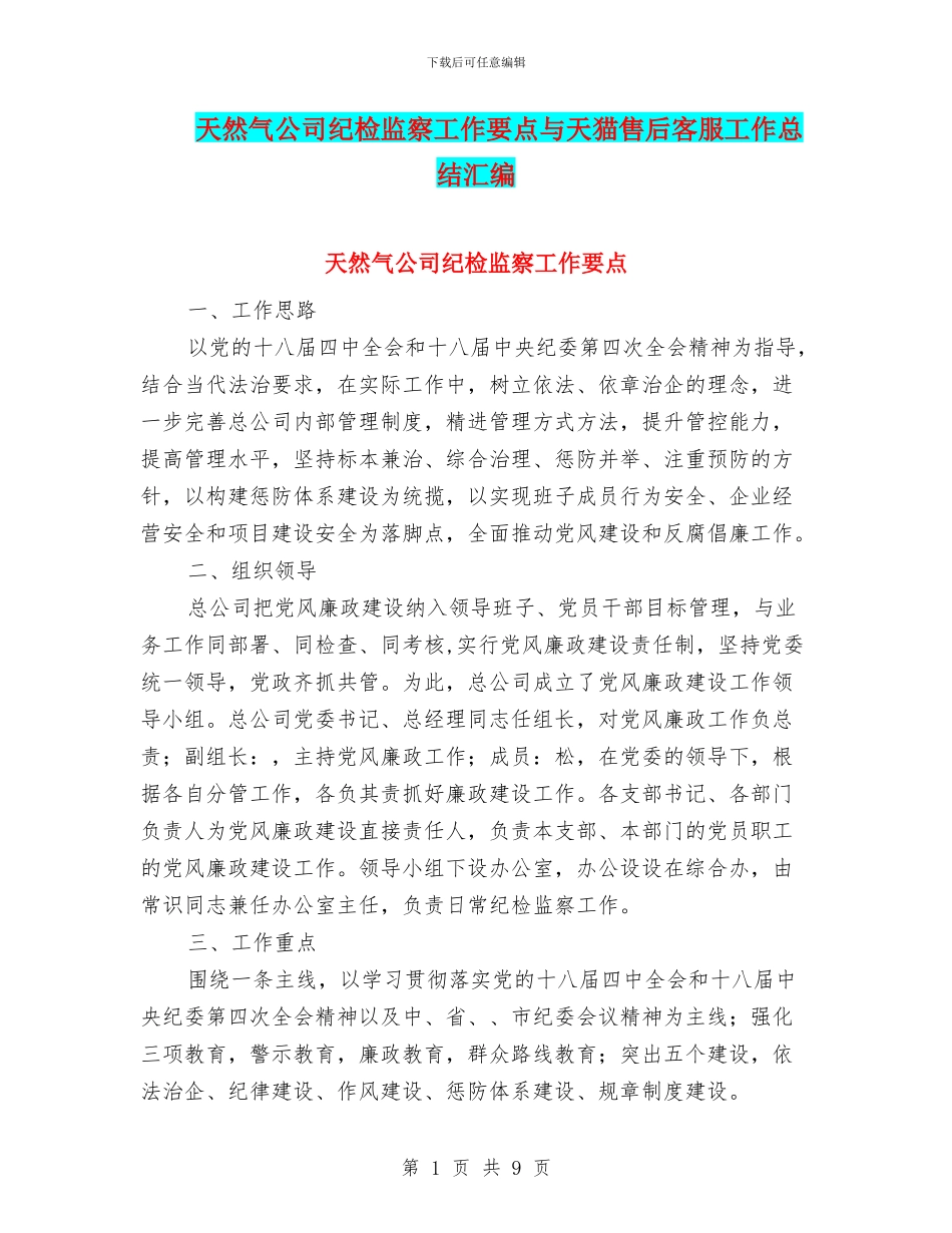 天然气公司纪检监察工作要点与天猫售后客服工作总结汇编_第1页
