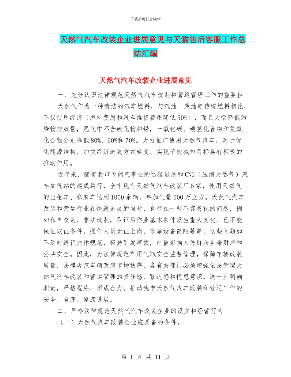 天然气汽车改装企业发展意见与天猫售后客服工作总结汇编_第1页