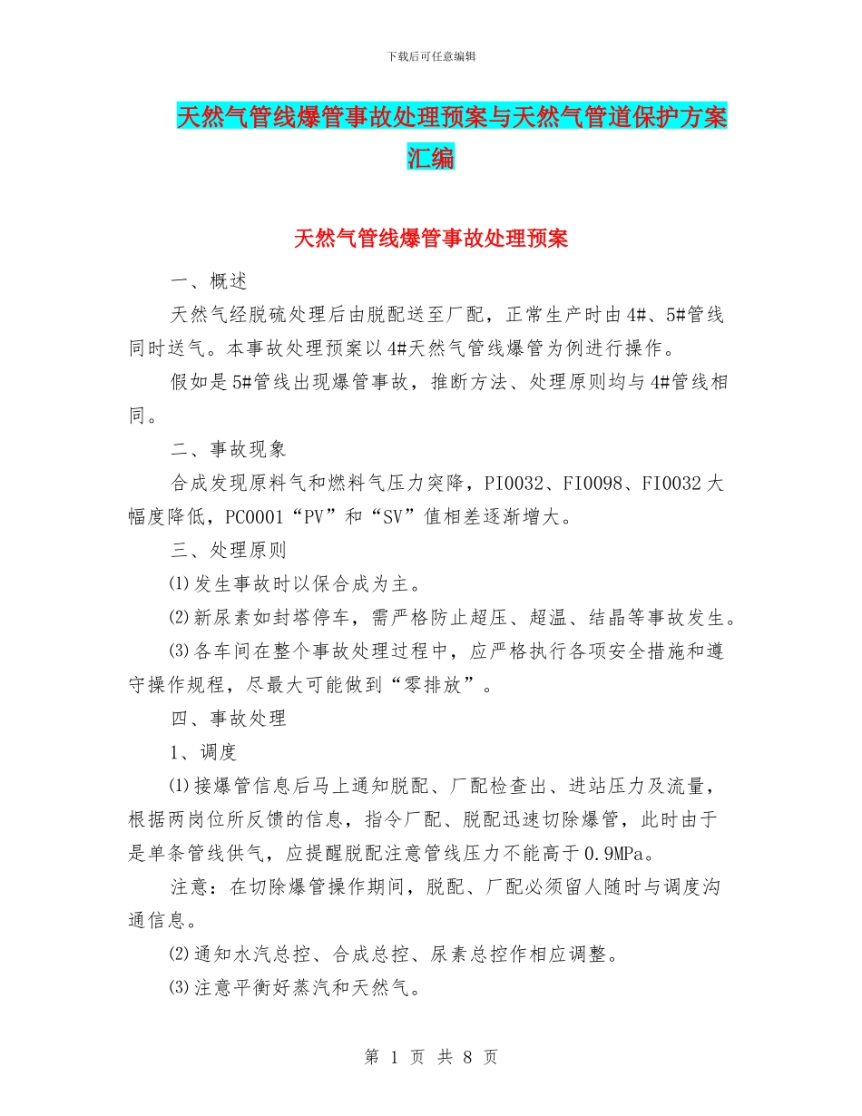 天然气管线爆管事故处理预案与天然气管道保护方案汇编_第1页