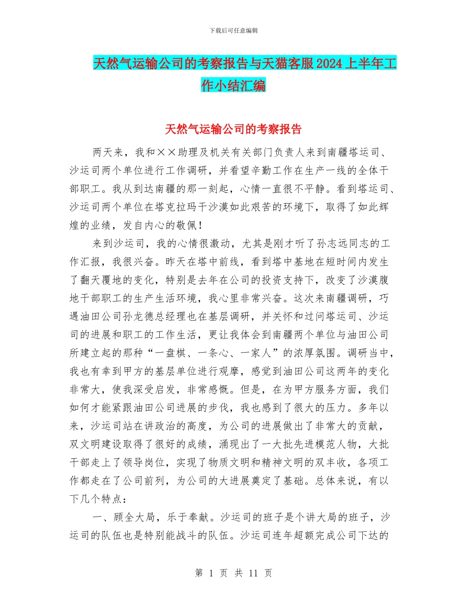 天然气运输公司的考察报告与天猫客服2024上半年工作小结汇编_第1页