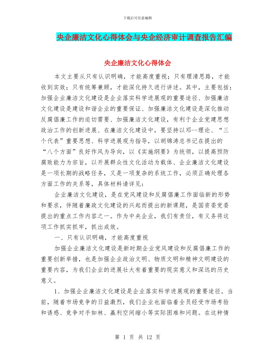 央企廉洁文化心得体会与央企经济审计调查报告汇编_第1页