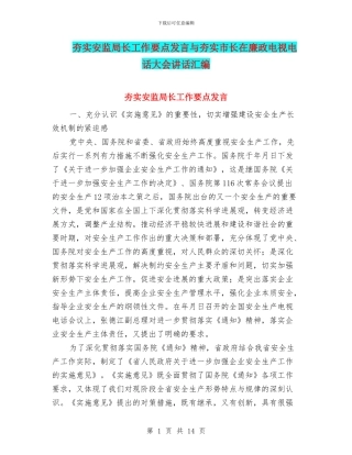 夯实安监局长工作要点发言与夯实市长在廉政电视电话大会讲话汇编