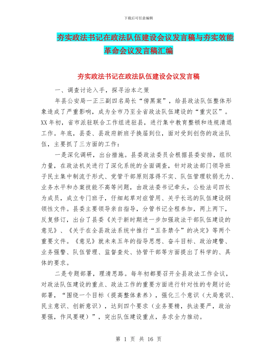 夯实政法书记在政法队伍建设会议发言稿与夯实效能革命会议发言稿汇编_第1页