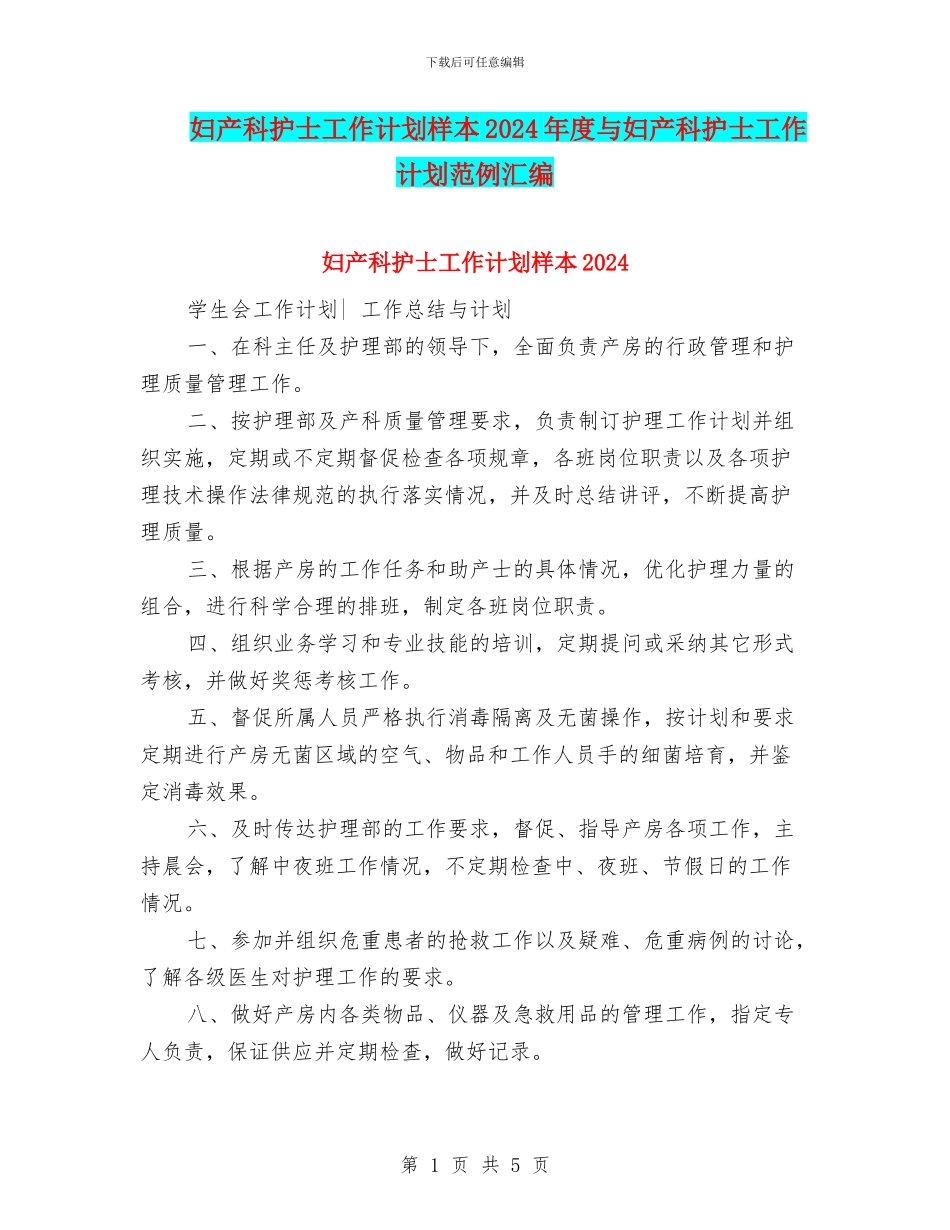 妇产科护士工作计划样本2024年度与妇产科护士工作计划范例汇编_第1页
