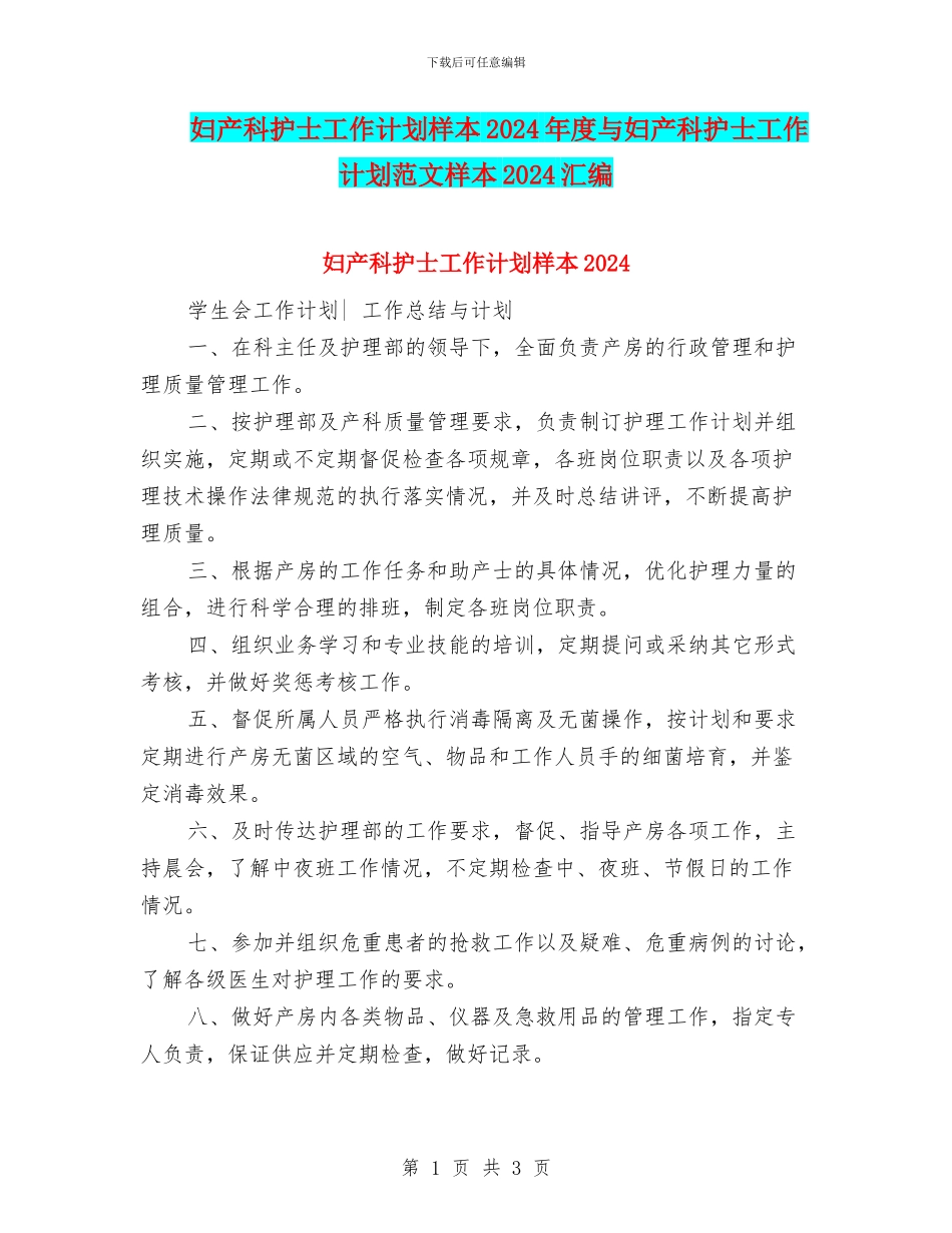 妇产科护士工作计划样本2024年度与妇产科护士工作计划范文样本2024汇编_第1页