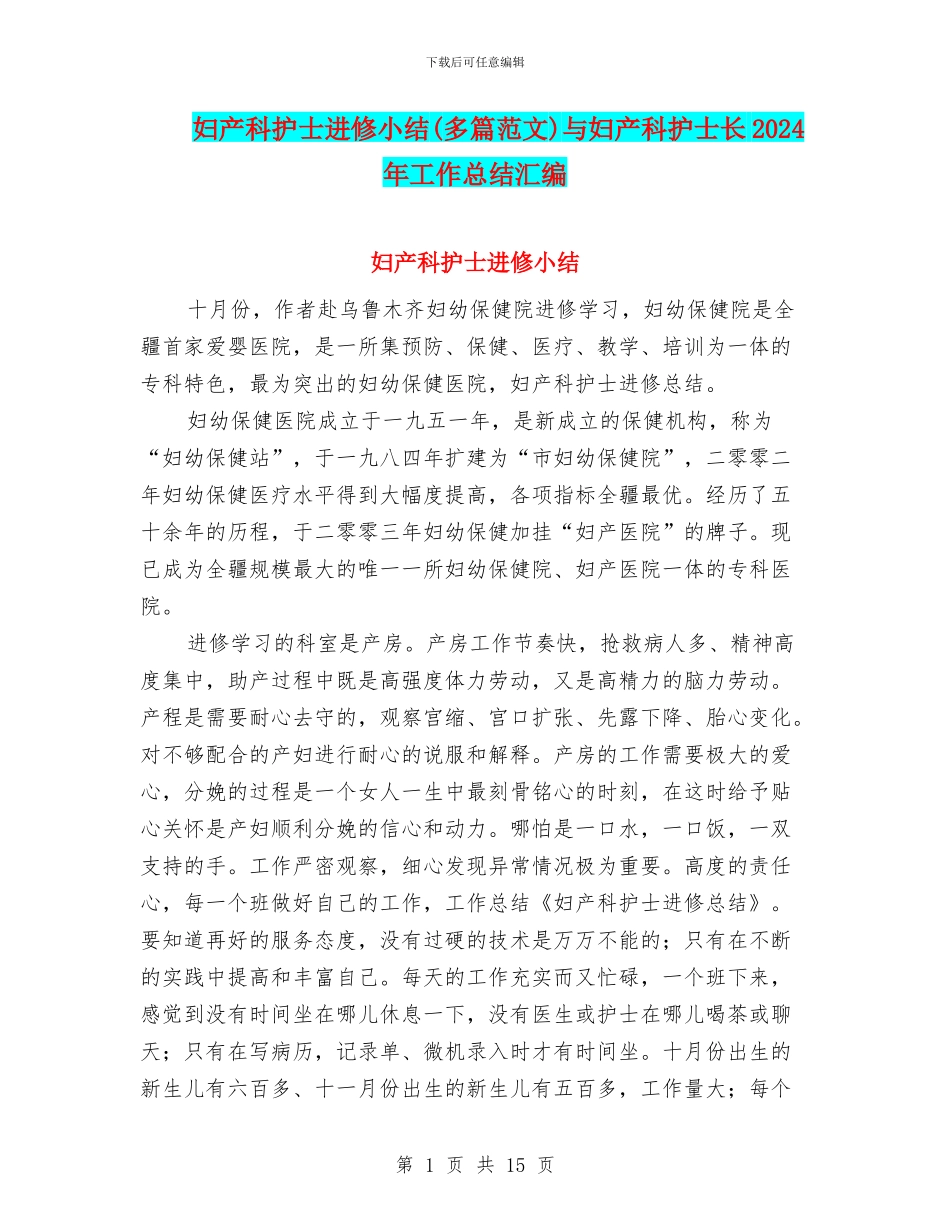 妇产科护士进修小结与妇产科护士长2024年工作总结汇编_第1页