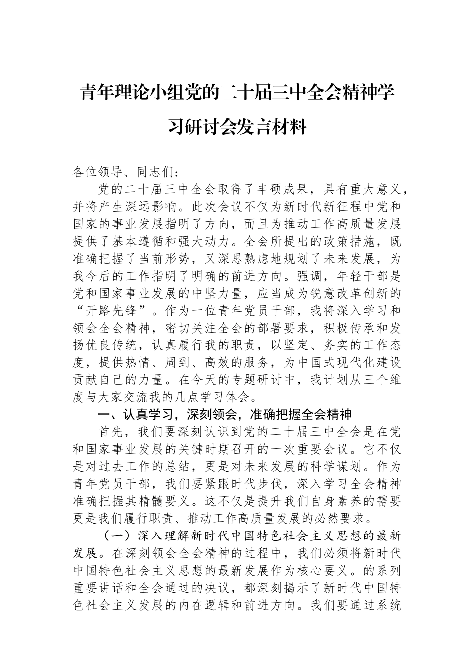 青年理论小组党的二十届三中全会精神学习研讨会发言材料_第1页