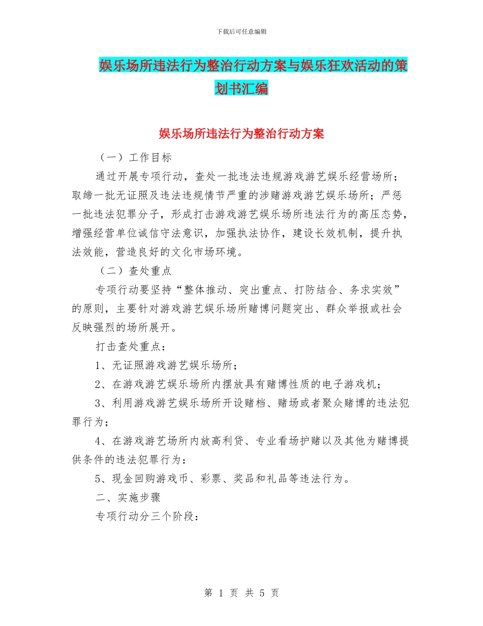 娱乐场所违法行为整治行动方案与娱乐狂欢活动的策划书汇编_第1页