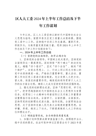 区人大工委2024年上半年工作总结及下半年工作谋划