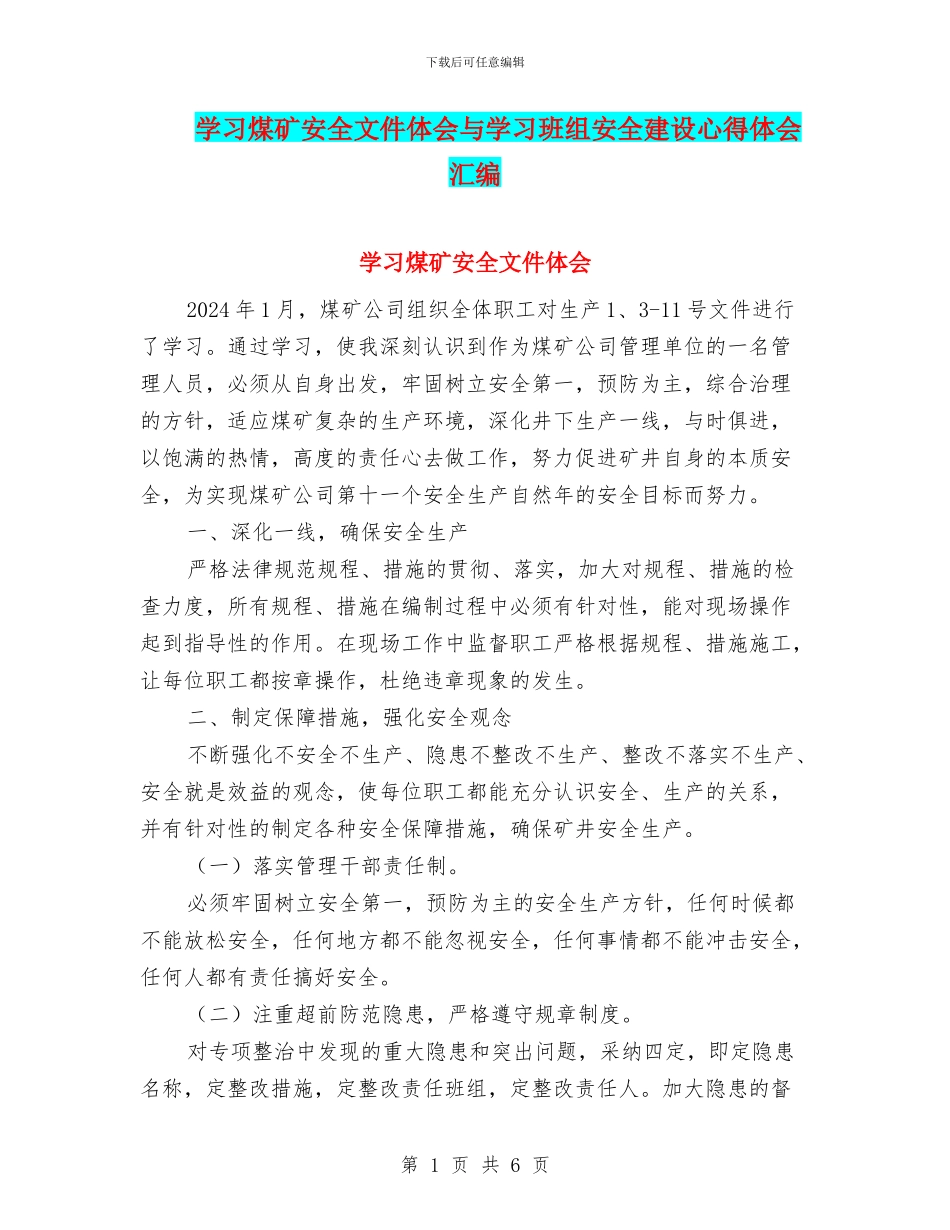 学习煤矿安全文件体会与学习班组安全建设心得体会汇编_第1页